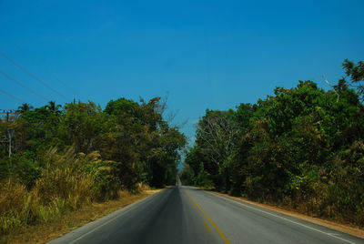 Road amidst trees against clear blue sky