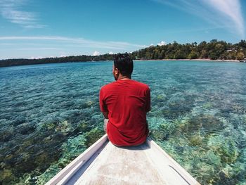 Rear view of man looking at sea against sky