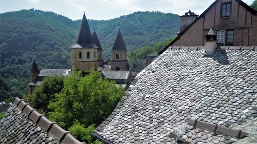 High angle view of buildings against sky