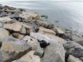 High angle view of rocks on sea shore