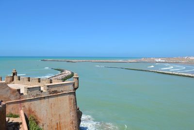 Scenic view of sea against clear blue sky