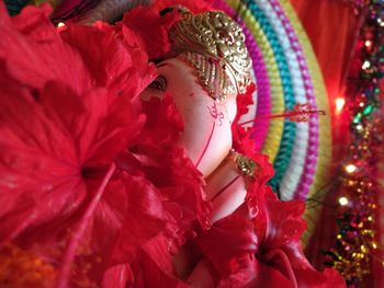 Close-up of red flowers on lord ganesha