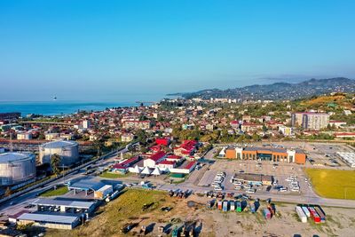 High angle view of city at seaside