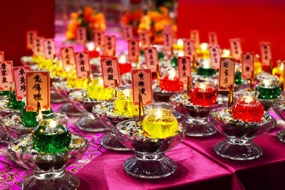 Close-up of illuminated candles on table