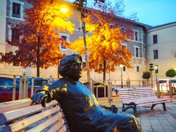 Statue in city during autumn at dusk