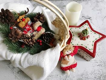 High angle view of christmas decorations on table