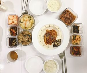 High angle view of food served on table