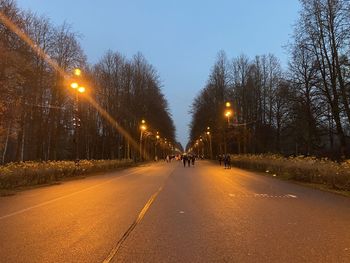 Illuminated road by trees in city against clear sky