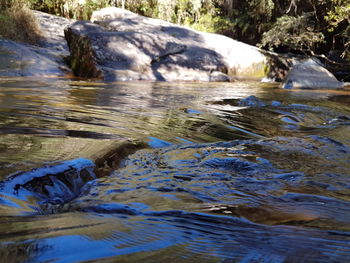 Surface level of water flowing over rocks