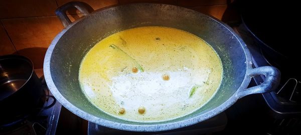 High angle view of breakfast on table