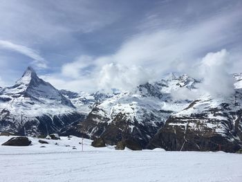 Scenic view of snow mountains against sky