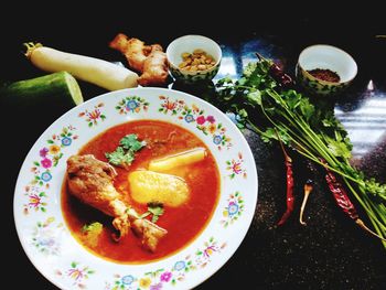 Close-up of fresh breakfast served on table