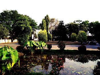 Swimming pool by lake against clear sky
