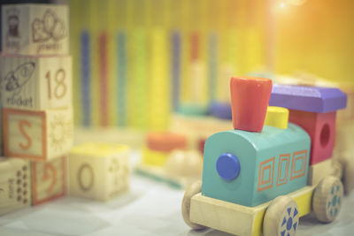 Close-up of toy train at home