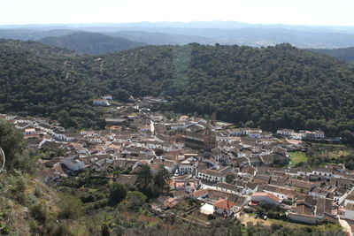 High angle view of town against sky