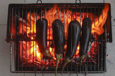 Directly above shot of eggplants on barbecue grill