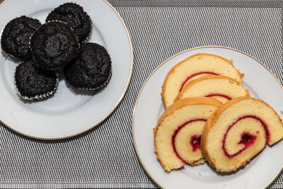 High angle view of breakfast served on table