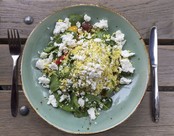 High angle view of salad in plate on table