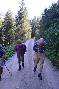 Rear view of men walking on road