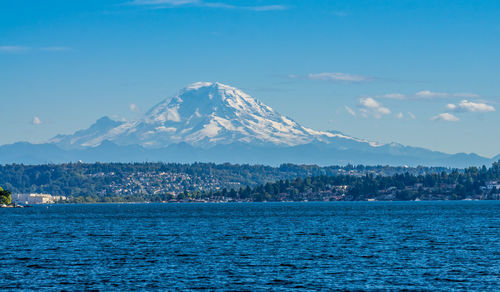 Scenic view of sea and mountains against blue sky