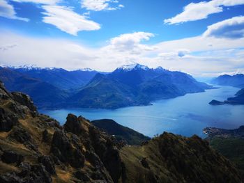 Scenic view of mountains and sea against sky