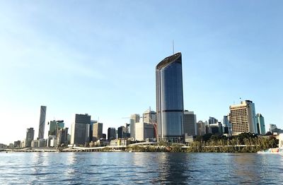 River with skyscrapers in background