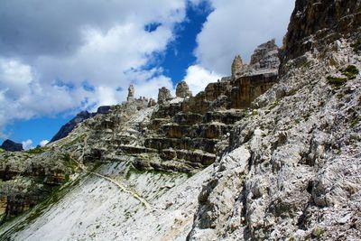 Low angle view of rocks on mountain against cloudy sky