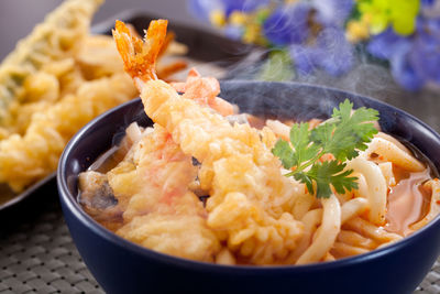 Close-up of meal served in bowl on table