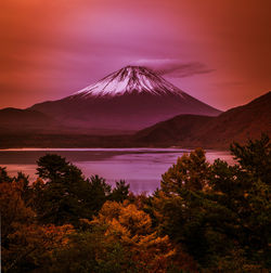 Scenic view of lake by mountain against sky