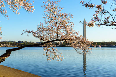 Reflection of monument in lake against sky during springtime