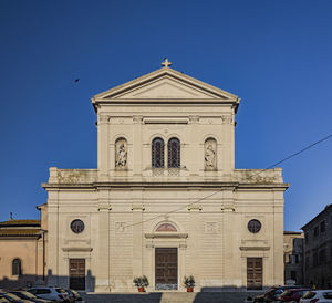 Low angle view of cathedral against clear blue sky