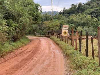 Dirt road amidst trees and plants against sky