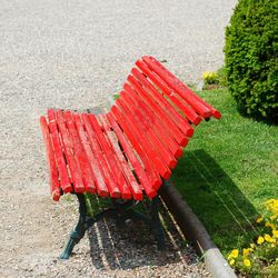 High angle view of bench in park