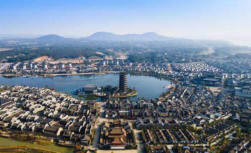 High angle view of buildings in city