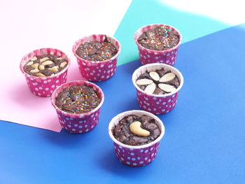 High angle view of cupcakes on table