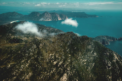 High angle view of sea and rocks against sky