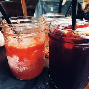 Close-up of drink in glass jar on table