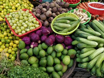 High angle view of vegetables for sale in market