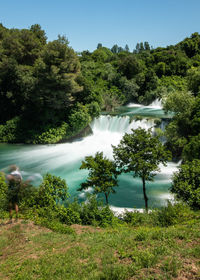 Scenic view of waterfall against trees in forest