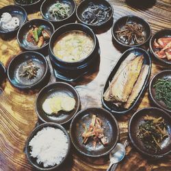 High angle view of various food on table