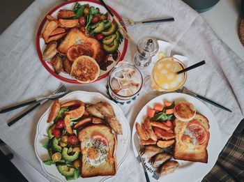 High angle view of food served on table