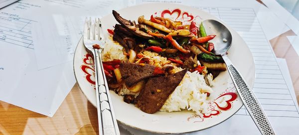 High angle view of meal served in plate