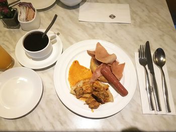 High angle view of breakfast on table