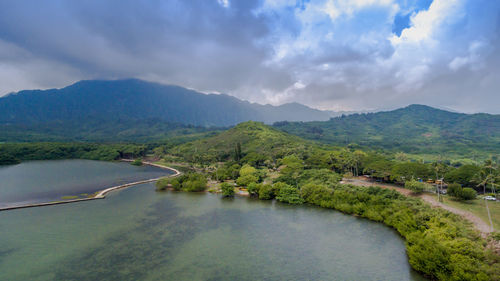 Scenic view of river amidst mountains against sky