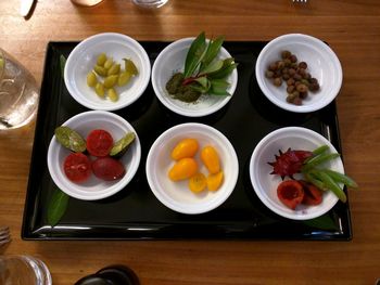 High angle view of salad served on table