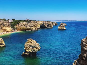 Scenic view of sea against clear blue sky