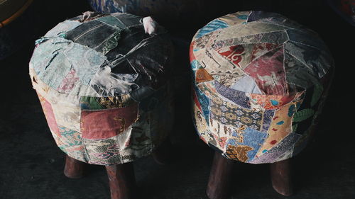 High angle view of stools made from old fabric and wood
