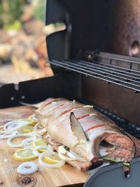 Close-up of seafood on cutting board