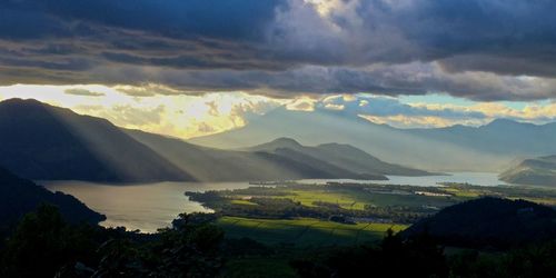 Scenic view of mountains against sky during sunset