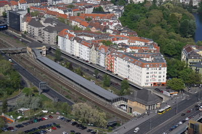 High angle view of street amidst buildings in city